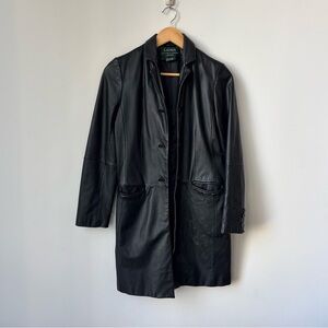 Vintage Ralph Lauren 100% Long Leather Trench Coat Jacket Women’s S Black